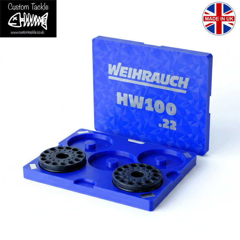 A blue Weihrauch HW100 .22 custom Magazine storage case shown open on a white background, with twomagx placed inside.