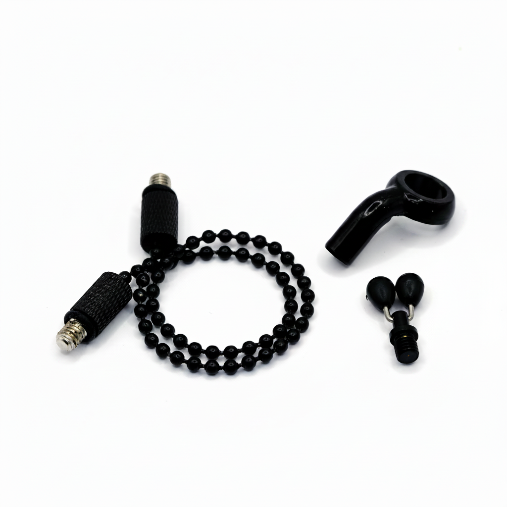 Black fishing tackle components on fully white background