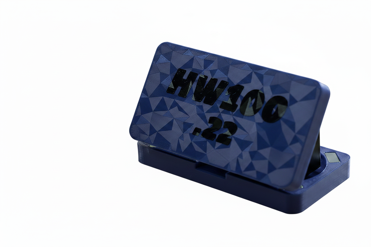 HW100 .22 pellet box in deep blue