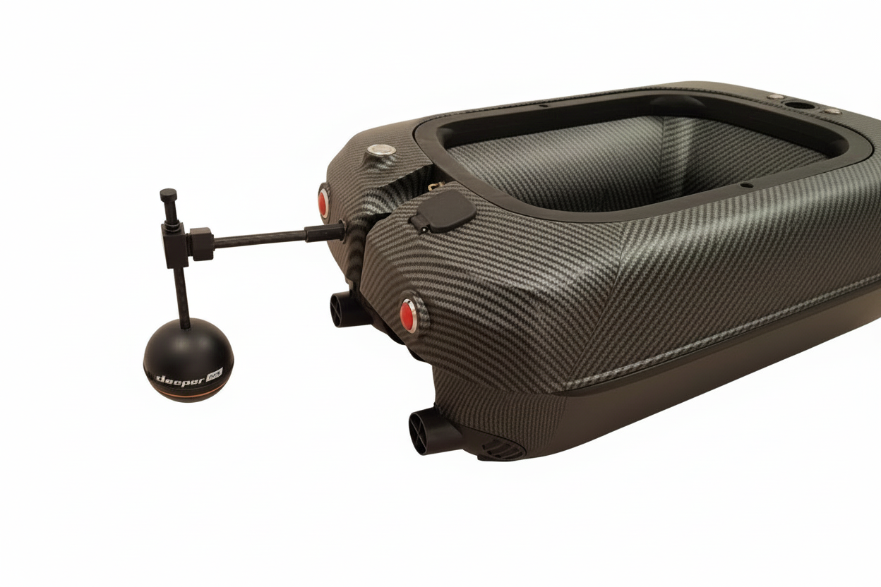 Rogue Bait boat with Deeper sonar - side angle view, white background