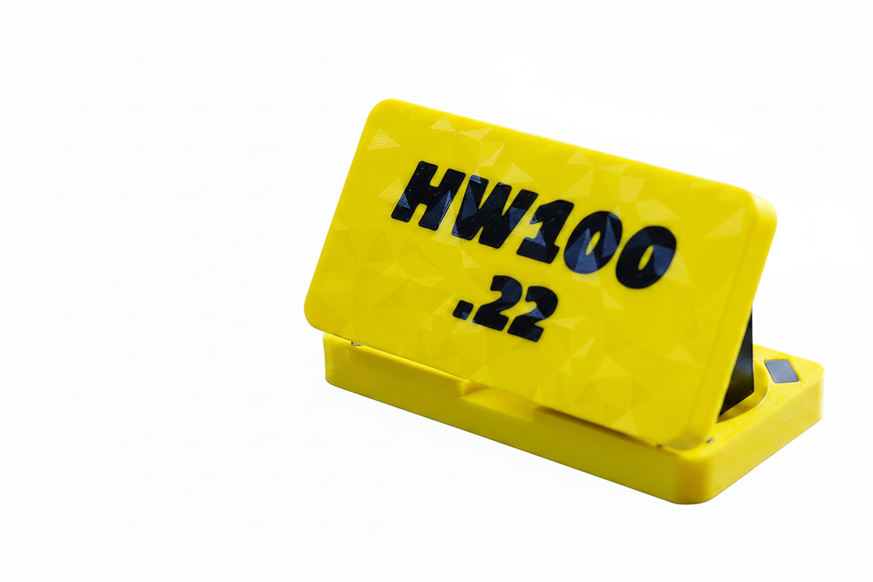 HW100 .22 pellet box in bright yellow