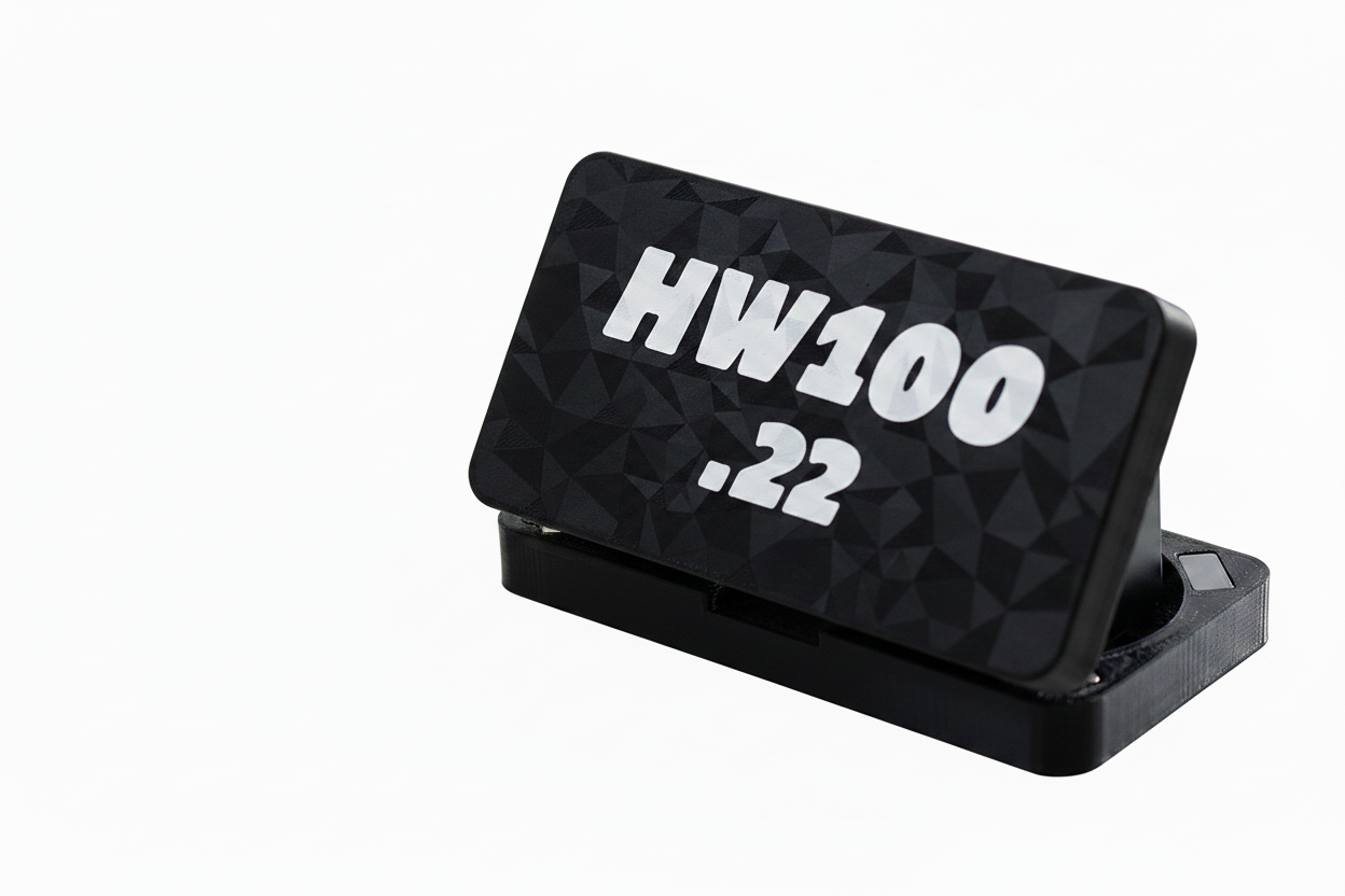 HW100 .22 black box with white text