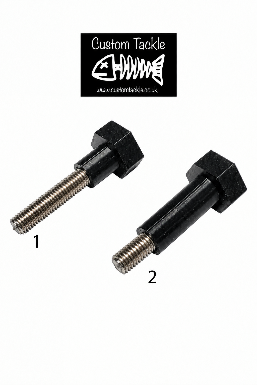 Two numbered bolts with Custom Tackle logo